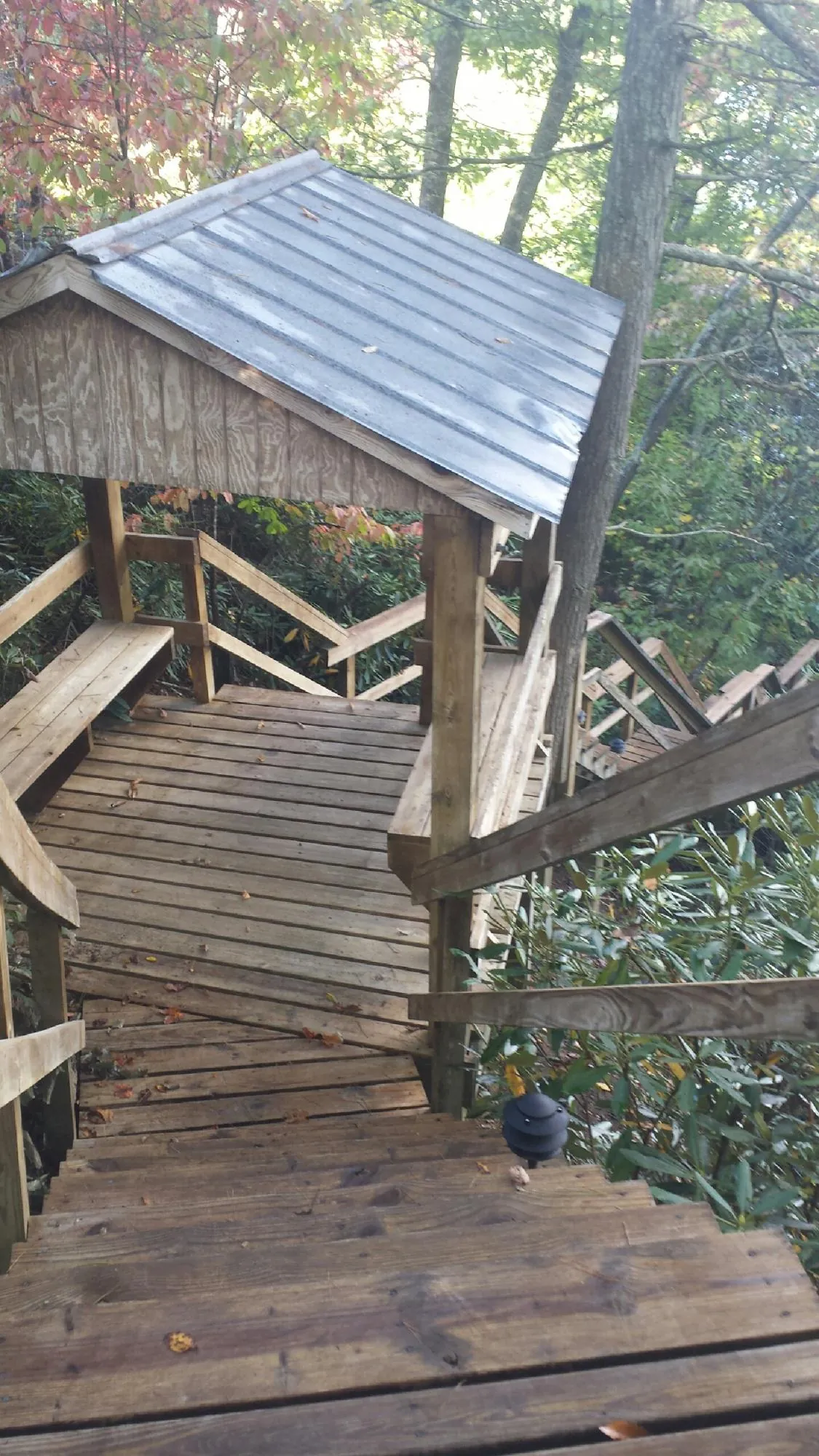 Metal roofed shelter over wooden steps on a wooded walkway — Skylight Repair & Installation work by our crew in Brandamore